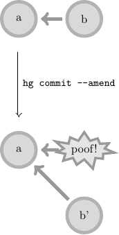 a-b

|| hg commit --amend

a-p
 \
  b'

{node: p, class: poof, text: poof!}
